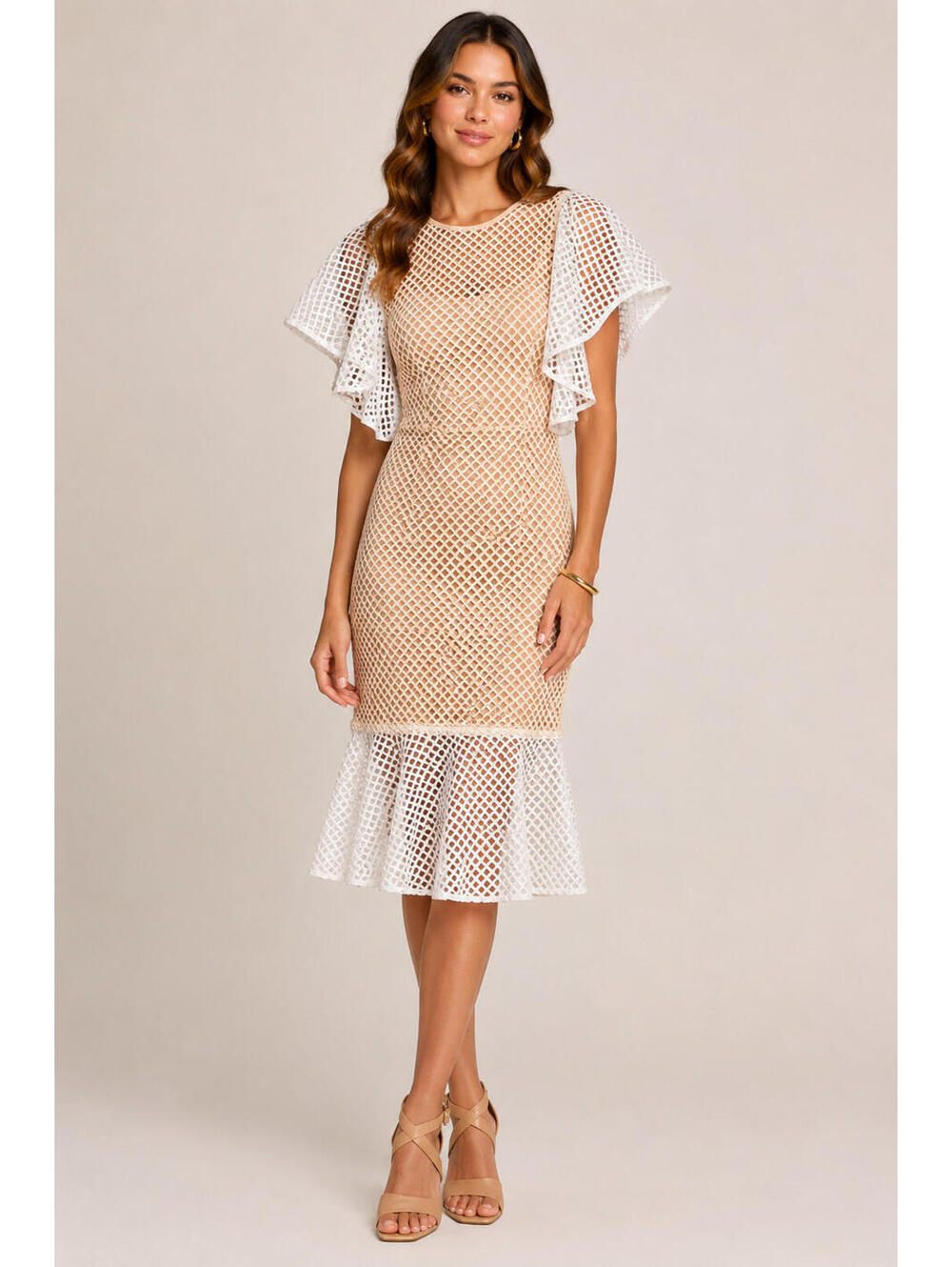 Nude Beige & White Mesh Flutter Sleeve Midi Dress Sz S NWT Geometric Mesh $250